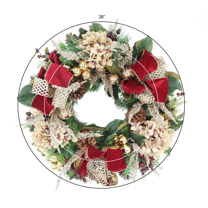 Couronne de Noël 26 po avec hortensias et boucles