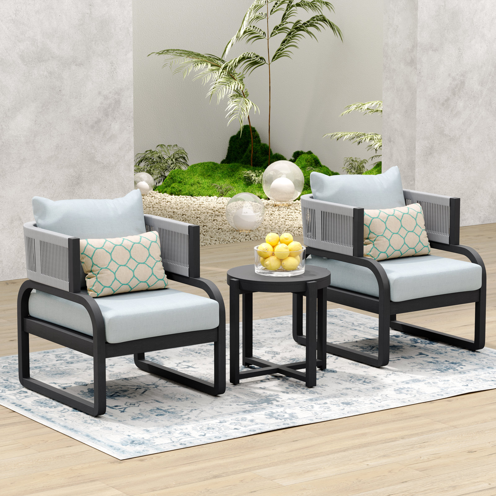 Rana 2-Person Sunbrella® Patio Seating Group, Gray Frame/Light Aqua Olefin Cushion