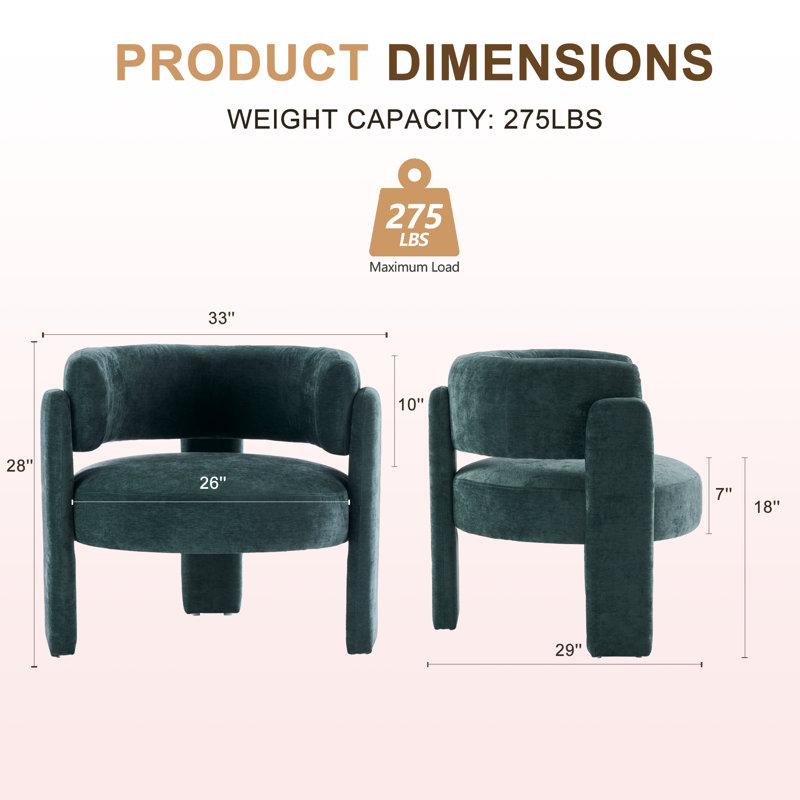 33" Wide Accent Chair with Curved Backrest and 3-Leg Modern Base, Green