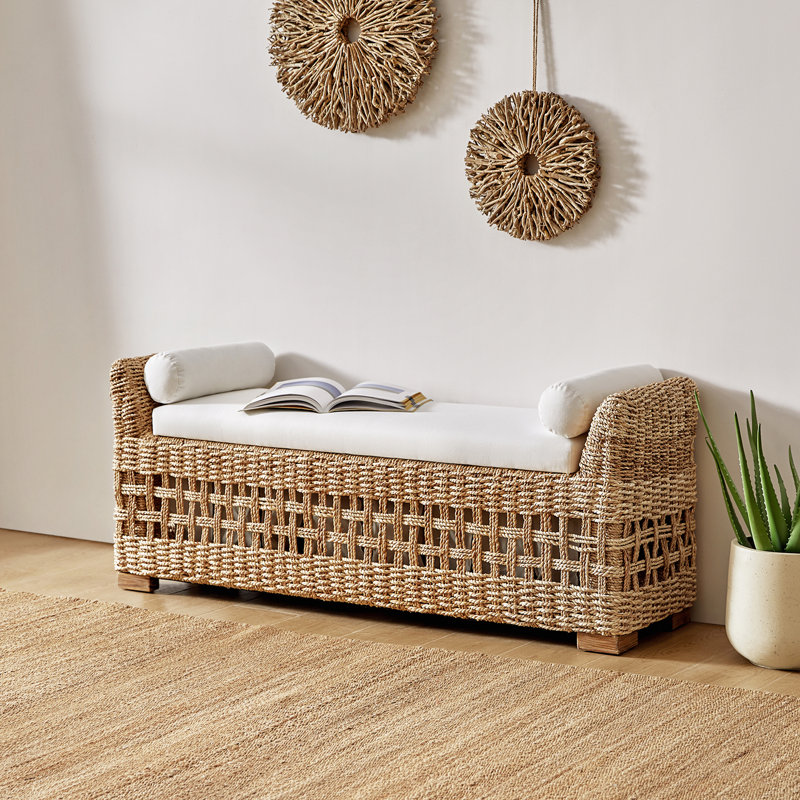 Boatwright 56'' W Flip Compartment Storage Rattan Upholstered Bench with Two Pillows and Solid Wood Feet