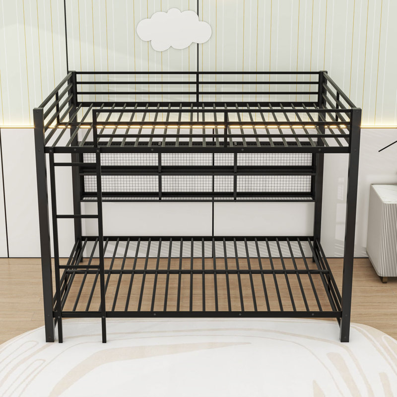Queen Over Queen Metal Bunk Bed With LED Lighting And Storage Shelves