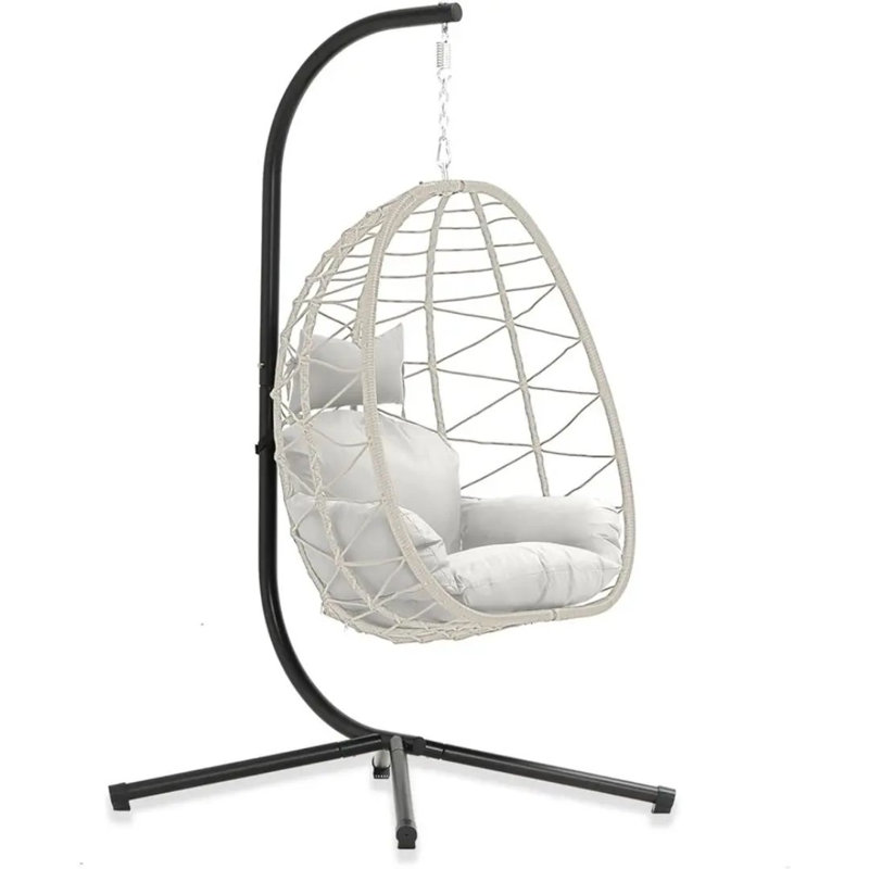 Fauteuil suspendu suspendu en osier résistant aux UV en forme d'œuf avec coussin amovible et support en acier, pour intérieur et extérieur.