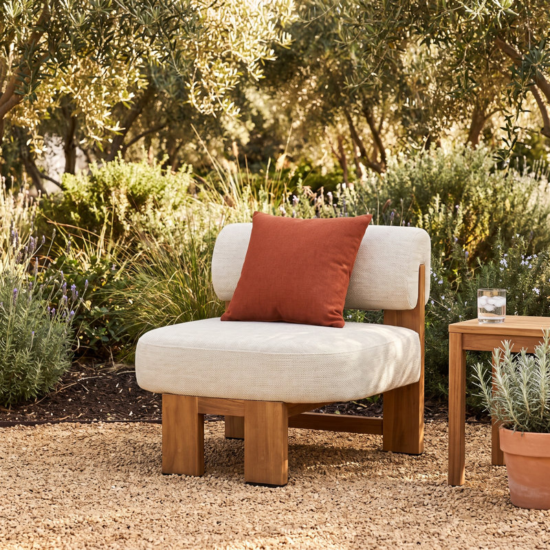 Cherina Teak Solid Wood Outdoor Armless Lounge Chair with Cushions, Faye Sand, Natural