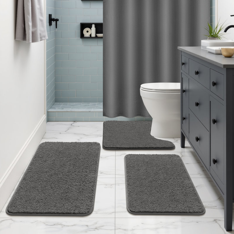 Ensemble de tapis de bain, rideau de douche avec 12 crochets inclus, Gris