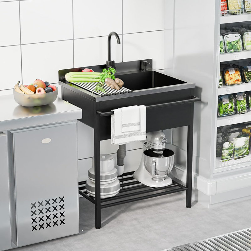 Freestanding Stainless Steel Utility Sink Laundry/Kitchen Sink with Faucet & Draining Rack