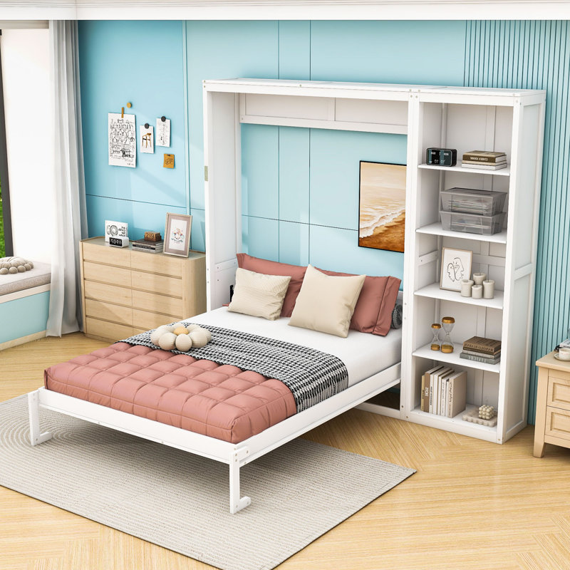 Wood Murphy Bed with Multi-Function Shelves, Full, White