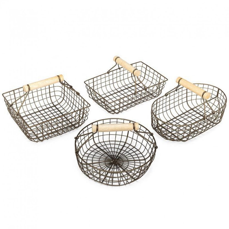 Set Of 4 Assorted Styles Small Basket With Wood Handle Baskets