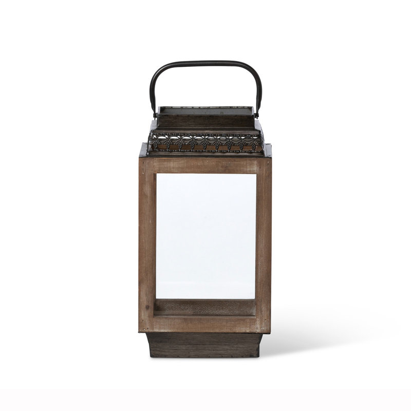 Small Rustic Outdoor Fir Wood And Galvanized Metal Cabin Lantern, 7.1"L x 5.5"W x 15.75"H