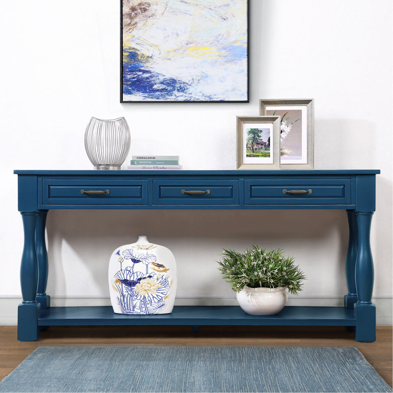 Console en bois de 160 cm de long avec 3 tiroirs et 1 tablette du bas pour l'entrée ou le couloir. Montage facile. Table d'appoint extra-épaisse (bleu marine).