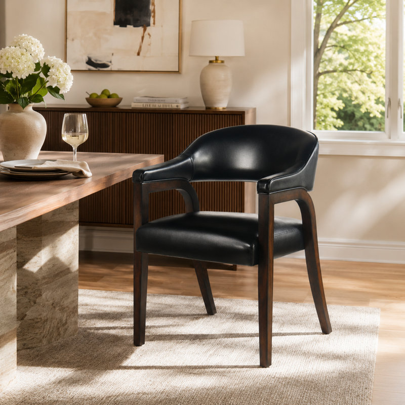 LUMERA Collection Single Mid-Century Modern Dining Chairs, Upholstered Faux Leather, Solid Wood Frame, Comfortable Kitchen & Dining Room Seating Black