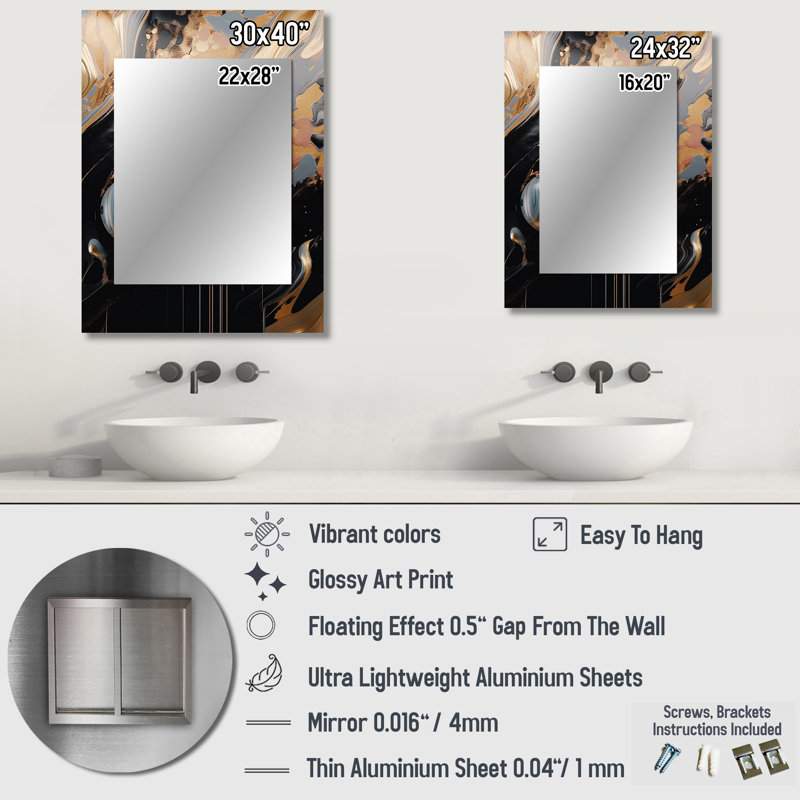 Or et marbre noir Mirage III - miroir décoratif en marbre, miroir mural doré, impression d'art en métal, 40 po x 30 po