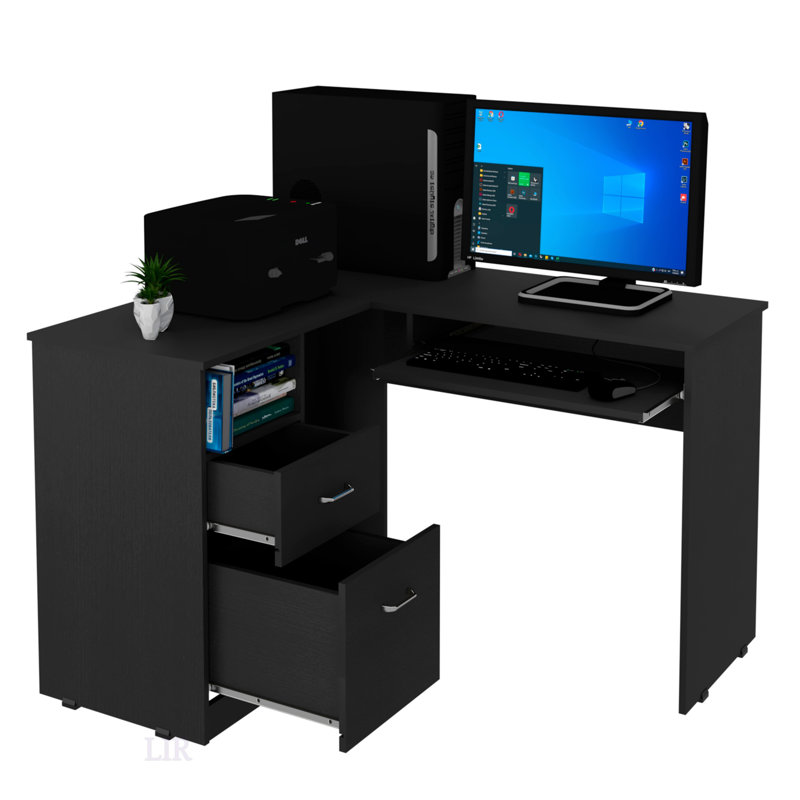 L-Shaped Desk Bradford With Retractable Keyboard Shelf, Black Wengue Finish For Modern Home Office, Black