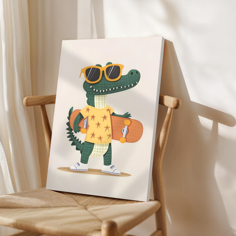 Mignon alligator avec lunettes de soleil tenant une planche à roulettes, style Illustration de dessin animé. Art mural encadré en toile - Cadre en bois massif de 24 po x 36 po et 1 po d'épaisseur pour le salon ou la chambre à coucher