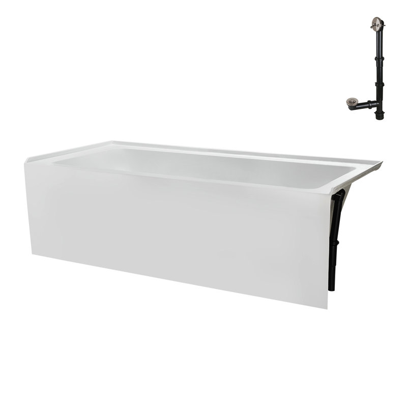 Baignoire en alcôve en acrylique blanc brillant avec drain extérieur 66 po x 32 po Streamline, Nickel brossé