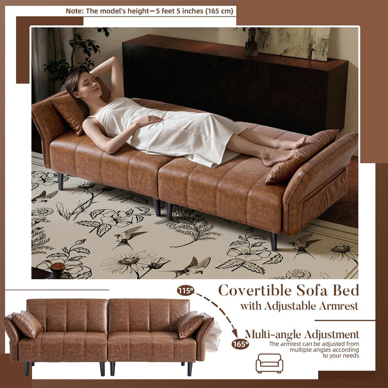 76.4'' Faux Leather Convertible Sofa, Mid Century Modern Leather Futon Sofa Bed With Adjustable Backrest Armrest & Storage Pocket