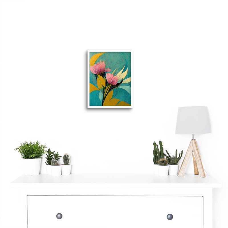 Abstract Floral Teal Pink Mustard Flower - Print, 25.9cm H x 20.6cm W x 1.5cm D, White Framed Unframed