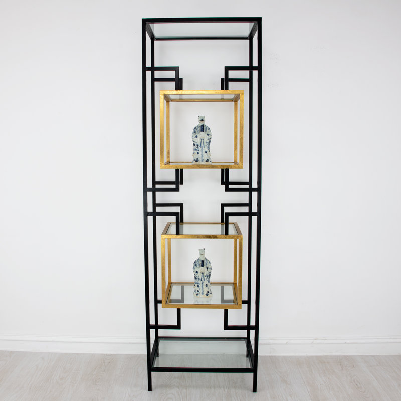 Bullani Geometric Bookcase, (5 Shelves) 80" H x 24" W x 18" D, Black/Gold