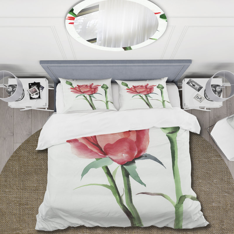 Rose rouge avec boutons - Ensemble de housse de couette traditionnel - Microfibre de polyester