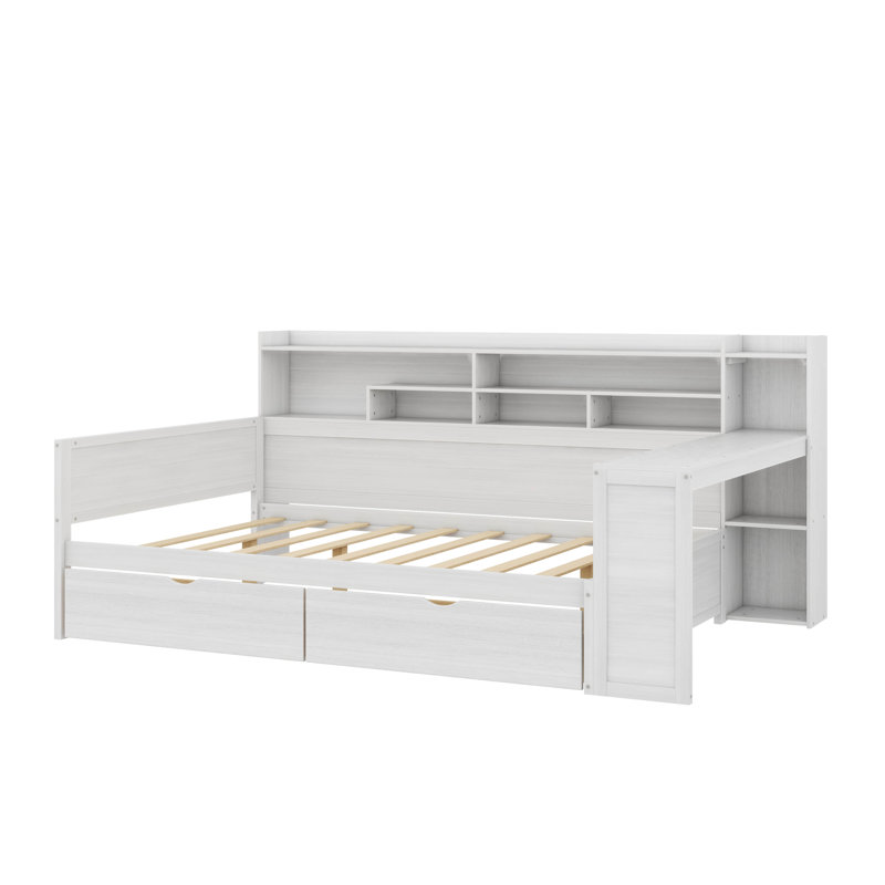 Lit de jour en bois avec rangement intégré, tiroirs et bureau de travail attenant, Blanc antique