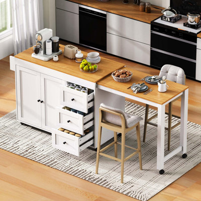 Kitchen Island With Extendable Dining Table, Kitchen Storage Cart With 3 Drawers, Power Outlet, Rolling Kitchen Island On Wheels With Spice Rack And 2 by Latitude Run