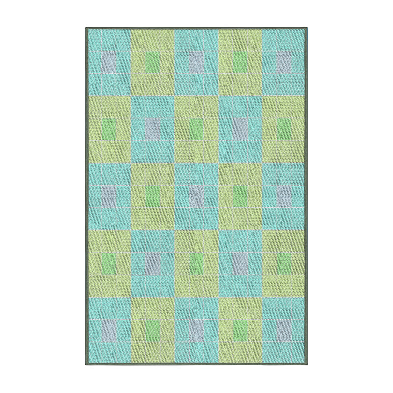 Tapis jaune / bleu géométrique en laine et polyester tissé à la machine, Rectangle 8 pi x 10 pi