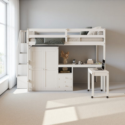 Lit mezzanine avec escalier, bibliothèque, tiroirs, bureau et garde-robe - Mobilier multifonctionnel peu encombrant pour enfants et adolescents