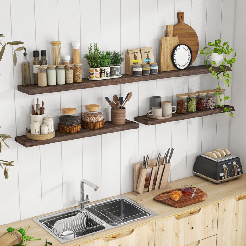Carsin Irregular Reclaimed Elm Floating Wall Shelf, Walnut, 1.38" H x 48" W x 8" D