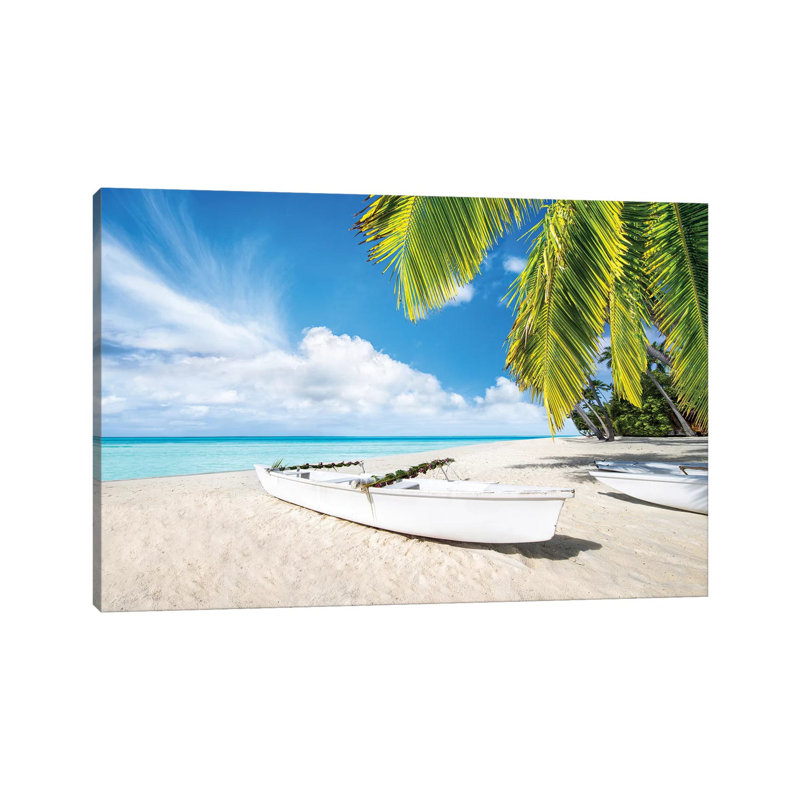 Boat At The Beach On Bora Bora by Jan Becke - Wrapped Canvas Print, 66.04 cm H x 45.72 cm W