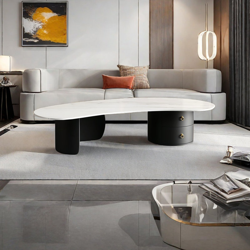Creative irregular shaped rock plate coffee table, 15.7" H x 51.2" W x 25.6" D, White, Black