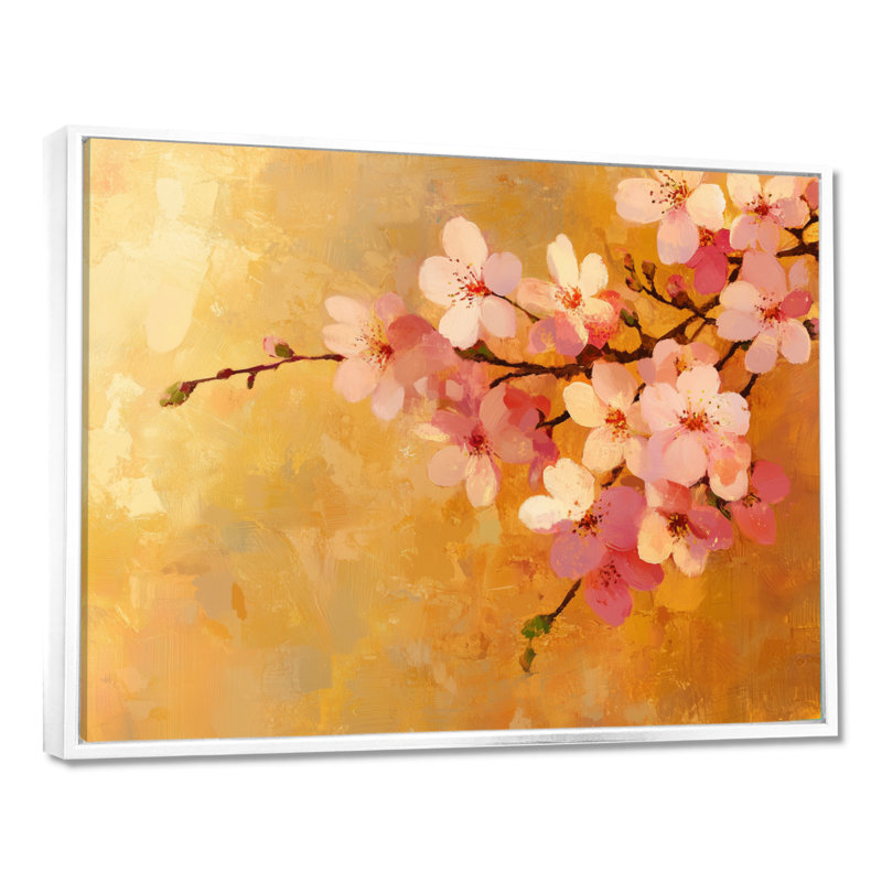 Décoration murale fleur d'or cerisier doré Sakura Light I, H 30 po x l 40 po, Cadre flottant blanc
