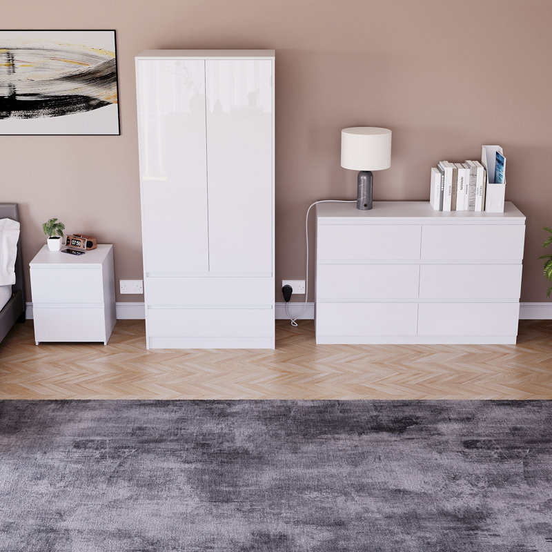 3 Piece Bedroom Set (2 Drawer Bedside Chest, 6 Drawer Chest, 2 Door 2 Drawer Wardrobe), (100% FSC), White