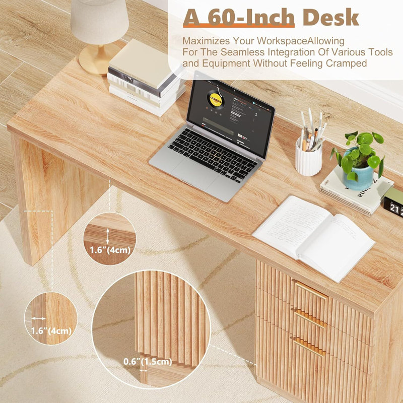 60'' Fluted Executive Desk with Drawers,Wood Home Office Desk with Storage Modern Fluted Computer Writing Desk for Study, Living Room, Bedroom,Natural Oak