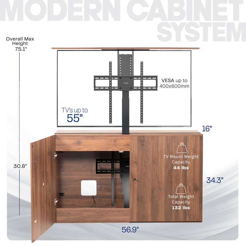 VIVO Walnut Cabinet with Motorized TV Stand, Fits 32" to 55" Screens