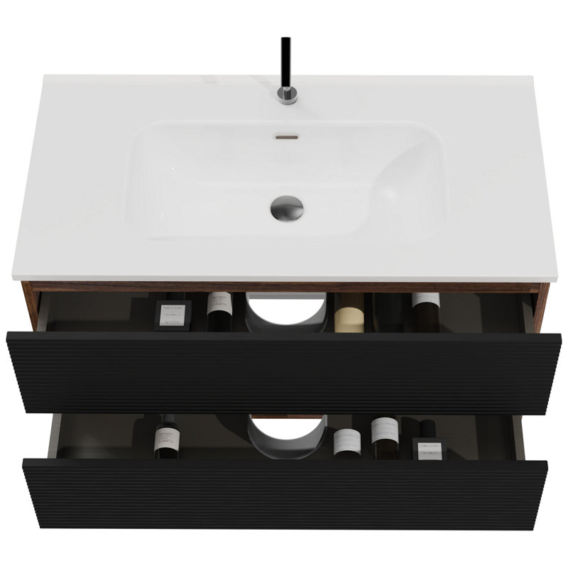 Meuble-lavabo mural noir et noyer 36 po Gloria avec lavabo intégré en céramique avec trop-plein