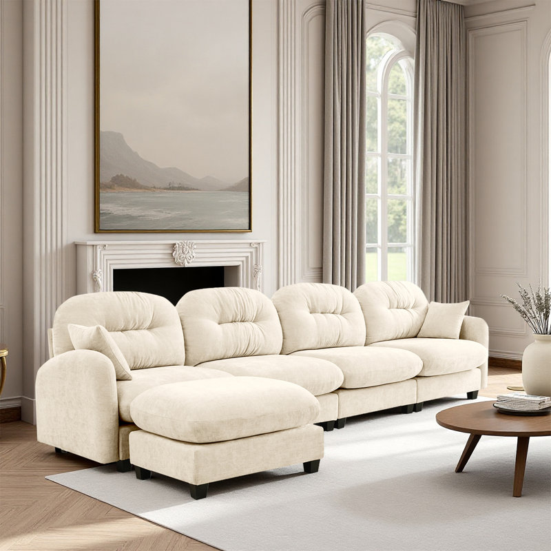 Sectional L Shaped Couch With Ottoman, Chenille Sofa, Beige Chenille