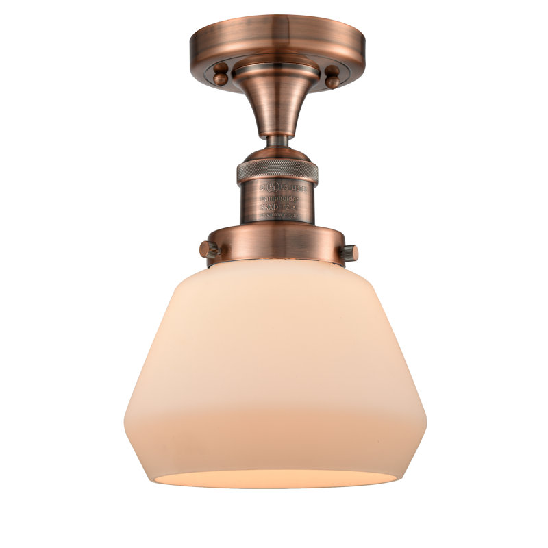 Argueta Glass Semi Flush Mount, Matte White Cased, 6 Watt Vinage LED Bulb, Antique Copper