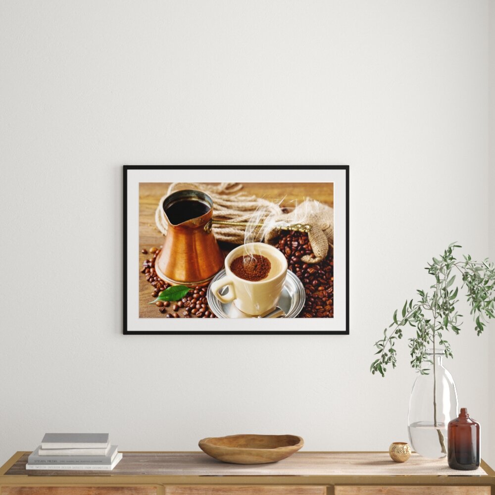 Gerahmtes Poster Frisch Kaffee mit Kaffeebohnen