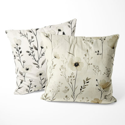 Country Farmhouse Accent Pillow - Ivory Meadow Line Floral Printed Throw Pillow