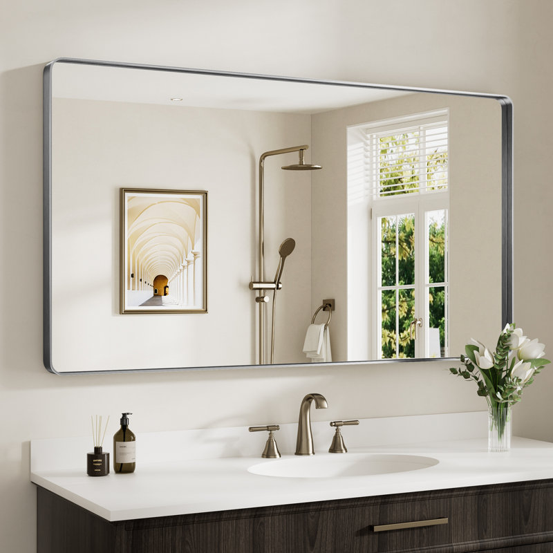 Miroir de salle de bain mural Llesenia, 55 po x 30 po, Argent argent, Rectangulaire