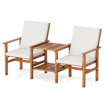 Acacia Wood Loveseat With Table, 3 Pieces Patio Furniture Set, Outdoor Patio Loveseat With Coffee Table, Wood 2-seat Conversation Set For Garden, Back by Ebern Designs