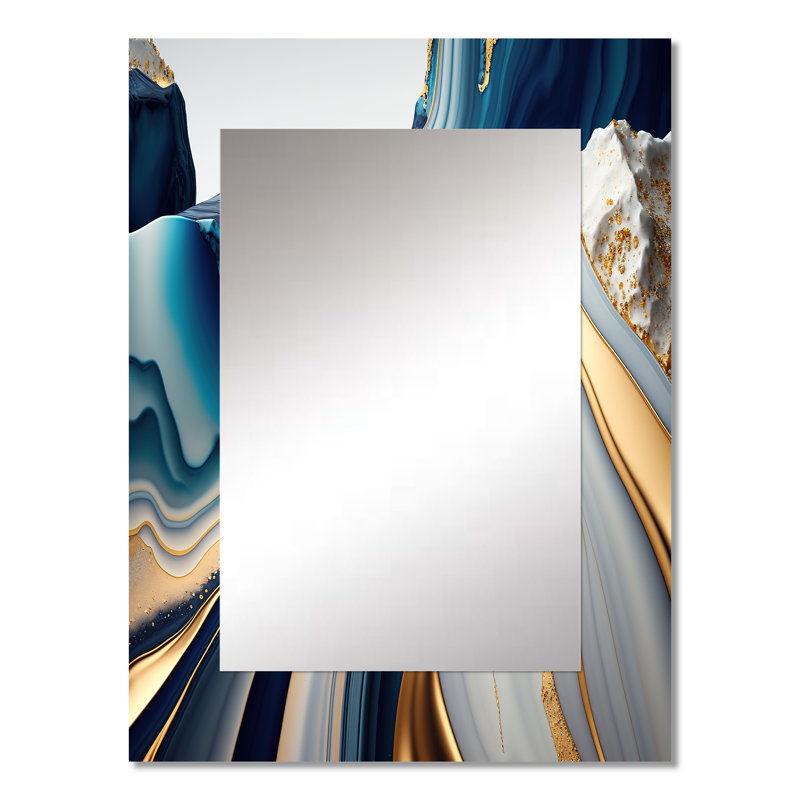 Abstrait géométrique vagues bleues et dorées I - miroir décoratif abstrait, miroir mural moderne, impression sur métal