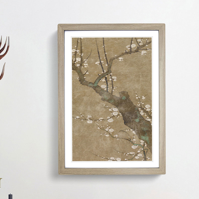Warbler Bird in a Plum Tree by Sakai Hoitsu - Picture Frame Painting Print, 48cm H x 36cm W x 2cm D, Oak Framed