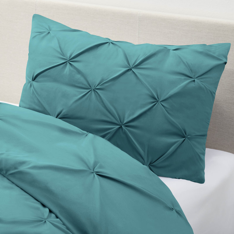 Double Brushed Pleated Duvet Cover Set, Teal, Twin Duvet Cover + 1 Standard Pillowcase