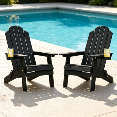 Set of 2 Folding Adirondack Chairs with Cup Holders, All-Weather HIPS Wood-Grain Patio Chairs, Black
