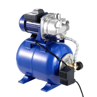 Compact 3/4HP Blue Stainless Steel Shallow Well Jet Pump with 5-Gallon Pressure Tank - 130ft Max Head, 20ft Suction Lift, Automatic Pressure Switch - 115V - 3/4HP Blue