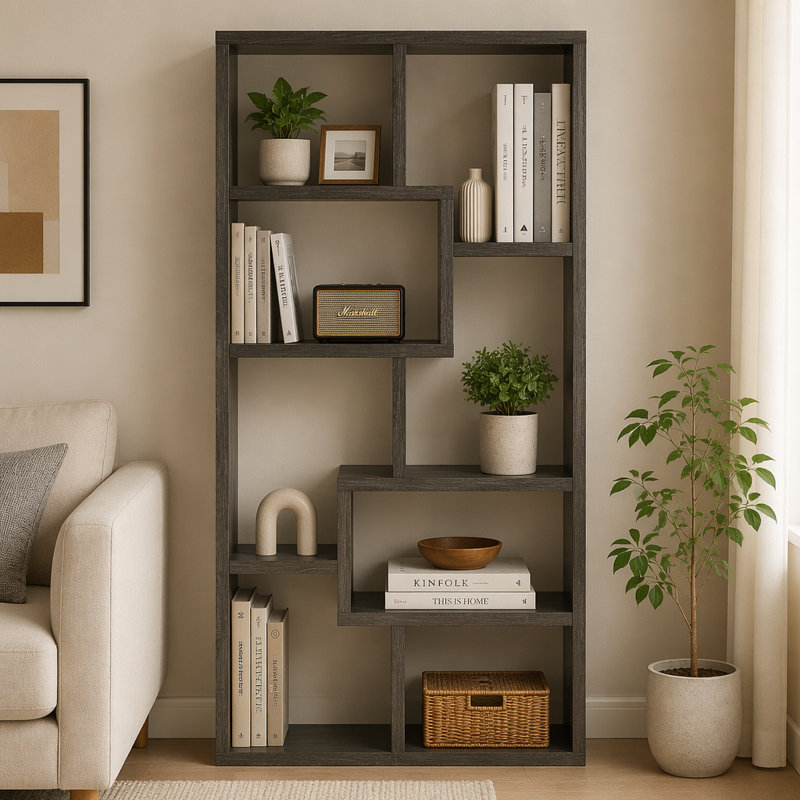 Bibliothèque patinée à 8 tablettes avec structure durable et design élégant pour les espaces de vie modernes