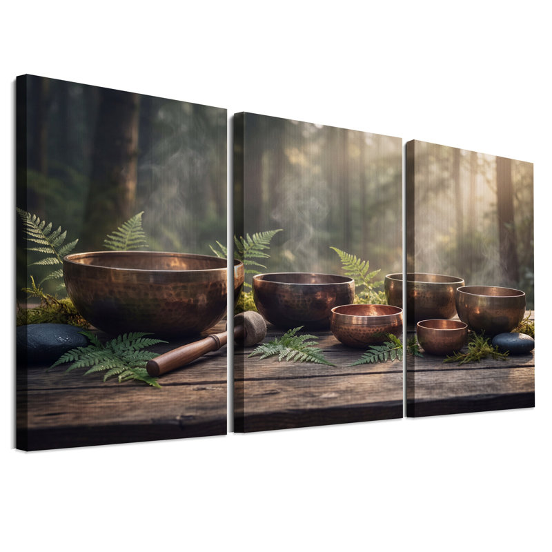 Ensemble de 3 bols chantants en bronze avec fougères en forêt, H 24 po x l 16 po x 3 pièces