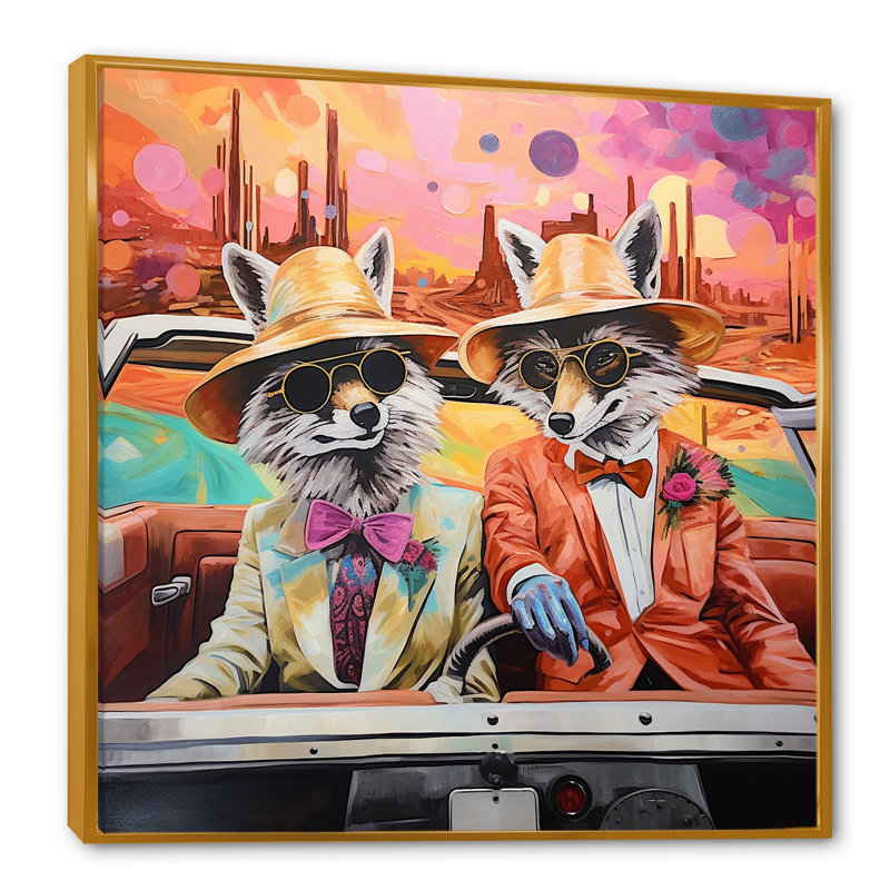 «Adventurous Foxes Drive III» - art mural animal renard, H 36 po x l 36 po x P 1,5 po, Cadre flottant doré