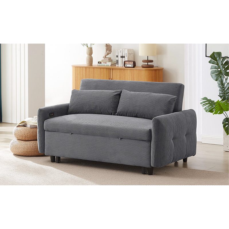 Dark Grey Bed With Foam Padding And Port, 57.24 57.24" Two Throw Pillows Corduroy, Ports, Dark Gray