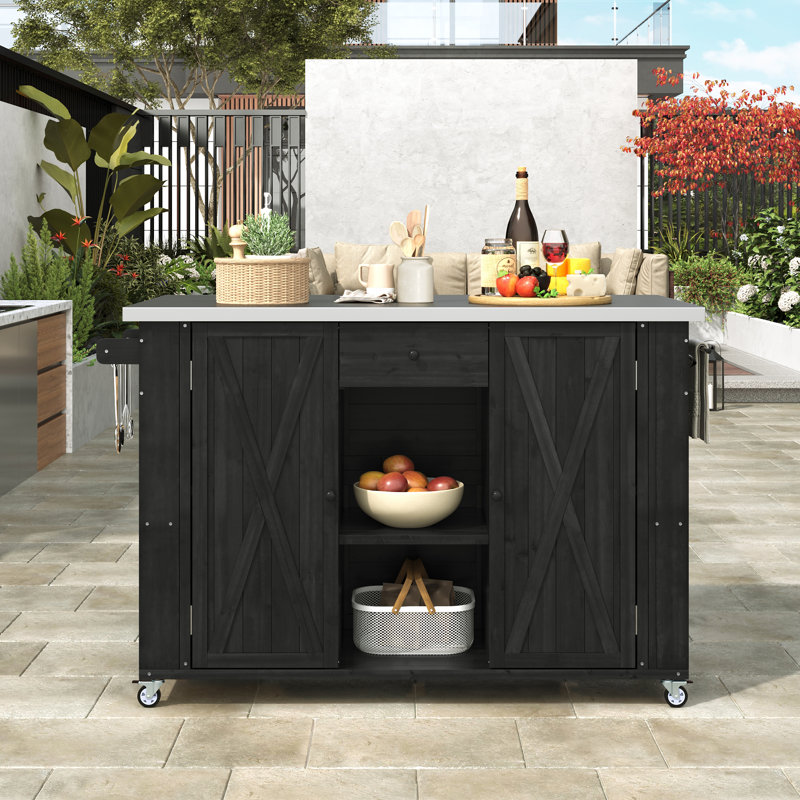 Outdoor Kitchen Island Fir Wood Kitchen Island With Stainless Steel Top, Black